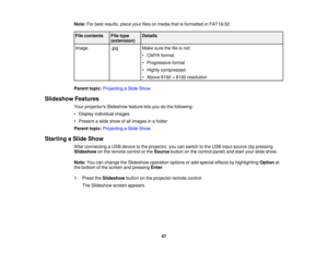 Page 67

Note:
Forbest results, placeyourfilesonmedia thatisformatted inFAT16/32.
 File
contents
 File
type
 Details

(extension)

Image
 .jpg
 Make
surethefileisnot:
 •
CMYK format
 •
Progressive format
 •
Highly compressed
 •
Above 8192×8192 resolution
 Parent
topic:Projecting aSlide Show
 Slideshow
Features
 Your
projectors Slideshowfeatureletsyou dothe following:
 •
Display individual images
 •
Present aslide show ofall images inafolder
 Parent
topic:Projecting aSlide Show
 Starting
aSlide Show
 After...