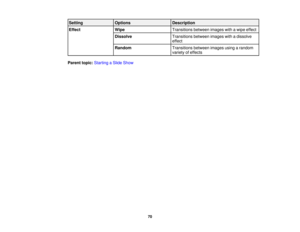 Page 70

Setting
 Options
 Description

Effect
 Wipe
 Transitions
betweenimageswithawipe effect
 Dissolve
 Transitions
betweenimageswithadissolve
 effect

Random
 Transitions
betweenimagesusingarandom
 variety
ofeffects
 Parent
topic:Starting aSlide Show
 70 