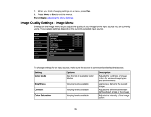 Page 76

7.
When youfinish changing settingsonamenu, pressEsc.
 8.
Press Menu orEsc toexit themenus.
 Parent
topic:Adjusting theMenu Settings
 Image
Quality Settings -Image Menu
 Settings
onthe Image menuletyou adjust thequality ofyour image forthe input source youarecurrently
 using.
Theavailable settingsdependonthe currently selectedinputsource.
 To
change settings foraninput source, makesurethesource isconnected andselect thatsource.
 Setting
 Options
 Description

Color
Mode
 See
thelistofavailable Color...