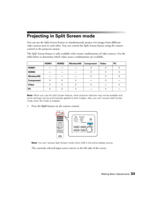 Page 33Making Basic Adjustments33
Projecting in Split Screen mode
You can use the Split Screen feature to simultaneously project two images from different 
video sources next to each other. You can control the Split Screen feature using the remote 
control or the projector menus.
The Split Screen feature is only available with certain combinations of video sources. Use the 
table below to determine which video source combinations are available.
Note: When you use the Split Screen feature, other projector...