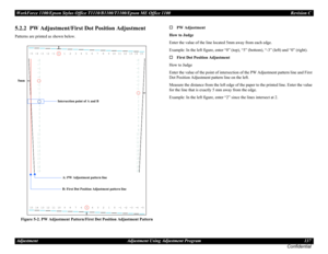 Page 137WorkForce 1100/Epson Stylus Office T1110/B1100/T1100/Epson ME Office 1100 Revision C
Adjustment Adjustment Using Adjustment Program 137
Confidential
5.2.2  PW Adjustment/First Dot Position Adjustment
Patterns are printed as shown below.
Figure 5-2. PW Adjustment Pattern/First Dot Position Adjustment PatternPW Adjustment
How to Judge
Enter the value of the line located 5mm away from each edge.
Example: In the left figure, enter “0” (top), “5” (bottom), “-3” (left) and “0” (right).
First Dot Position...