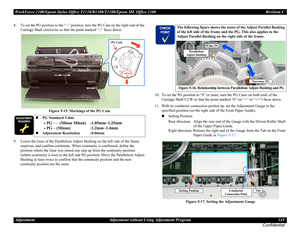 Page 145WorkForce 1100/Epson Stylus Office T1110/B1100/T1100/Epson ME Office 1100 Revision C
Adjustment Adjustment without Using Adjustment Program 145
Confidential
8. To set the PG position to the “--” position, turn the PG Cam on the right end of the 
Carriage Shaft clockwise so that the point marked “--” faces down.
Figure 5-15. Markings of the PG Cam
9. Lower the Gear of the Parallelism Adjust Bushing on the left side of the frame 
stepwise, and confirm continuity. When continuity is confirmed, define the...