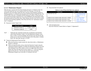 Page 154WorkForce 1100/Epson Stylus Office T1110/B1100/T1100/Epson ME Office 1100 Revision C
Maintenance Overview 154
Confidential
6.1.2.2  Maintenance Request
When the ink is used for the Print Head cleaning and such, it is drained via the Cap 
Unit to the Waste Ink Tray Assy located on the Lower Housing. As for the ink 
absorbed by the Front Paper Guide Pad when carrying out the borderless printing or 
flushing operations, it is drained to the ink pads in the Front Paper Guide Pad Tray. The 
amount of the...