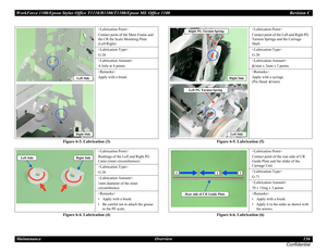 Page 156WorkForce 1100/Epson Stylus Office T1110/B1100/T1100/Epson ME Office 1100 Revision C
Maintenance Overview 156
Confidential
Figure 6-3. Lubrication (3)
Figure 6-4. Lubrication (4)Figure 6-5. Lubrication (5)
Figure 6-6. Lubrication (6)

Contact point of the Main Frame and 
the CR the Scale Mounting Plate 
(Left/Right)

G-26

A little at 4 points

Apply with a brush.

Bushings of the Left and Right PG 
Cams (inner circumference)

G-26

1mm diameter of the inner 
circumference

• Apply with a brush.
• Be...
