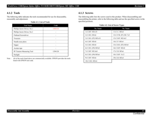 Page 63WorkForce 1100/Epson Stylus Office T1110/B1100/T1100/Epson ME Office 1100 Revision C
Disassembly And Assembly Overview63
Confidential
4.1.2  Tools
The following table indicates the tools recommended for use for disassembly, 
reassembly and adjustment.
Note : All of the tools listed above are commercially available. EPSON provides the tools 
listed with EPSON tool code.
4.1.3  Screws
The following table lists the screws used in this product. When disassembling and 
reassembling the printer, refer to the...