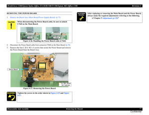 Page 77WorkForce 1100/Epson Stylus Office T1110/B1100/T1100/Epson ME Office 1100 Revision C
Disassembly And Assembly Removing the Boards 77
Confidential
REMOVING THE POWER BOARD
1.Remove the Board Assy (Main Board/Power Supply Board). (p.75)
2. Disconnect the Power Board cable from connector CN60 on the Main Board. (p.76)
3. Remove the four C.B.S. M3 x 6 screws that secure the Power Board and remove 
the Power Board from the Board Assy.
Figure 4-27. Removing the Power Board
When disconnecting the Power...