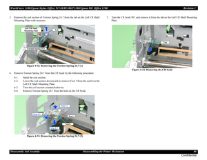 Page 80WorkForce 1100/Epson Stylus Office T1110/B1100/T1100/Epson ME Office 1100 Revision C
Disassembly And Assembly Disassembling the Printer Mechanism 80
Confidential
5. Remove the coil section of Torsion Spring 24.7 from the tab on the Left CR Shaft 
Mounting Plate with tweezers.
Figure 4-32. Removing the Torsion Spring 24.7 (1)
6. Remove Torsion Spring 24.7 from the CR Scale by the following procedure:
6-1. Stand the coil section.
6-2. Lower the coil section downwards to remove Foot 1 from the notch on the...