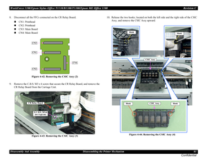 Page 83WorkForce 1100/Epson Stylus Office T1110/B1100/T1100/Epson ME Office 1100 Revision C
Disassembly And Assembly Disassembling the Printer Mechanism 83
Confidential
8. Disconnect all the FFCs connected on the CR Relay Board.
CN1: Printhead
CN2: Printhead
CN3: Main Board
CN4: Main Board
Figure 4-42. Removing the CSIC Assy (2)
9. Remove the C.B.S. M3 x 6 screw that secure the CR Relay Board, and remove the 
CR Relay Board from the Carriage Unit.
Figure 4-43. Removing the CSIC Assy (3)10. Release the two...