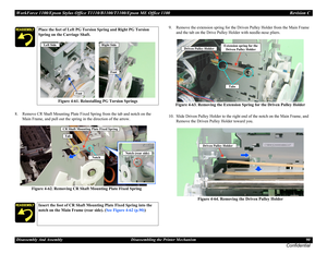 Page 90WorkForce 1100/Epson Stylus Office T1110/B1100/T1100/Epson ME Office 1100 Revision C
Disassembly And Assembly Disassembling the Printer Mechanism 90
Confidential
8. Remove CR Shaft Mounting Plate Fixed Spring from the tab and notch on the 
Main Frame, and pull out the spring in the direction of the arrow.
Figure 4-62. Removing CR Shaft Mounting Plate Fixed Spring9. Remove the extension spring for the Driven Pulley Holder from the Main Frame 
and the tab on the Drive Pulley Holder with needle-nose...