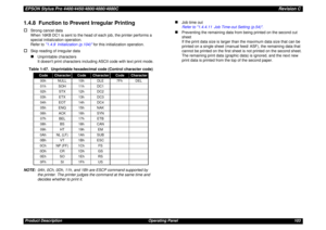 Page 103EPSON Stylus Pro 4400/4450/4800/4880/4880CRevision CProduct Description Operating Panel 1031.4.8  Function to Prevent Irregular Printing†
Strong cancel data
When 16KB DC1 is sent to the head of each job, the printer performs a 
special initialization operation. 
Refer to 1.4.9 Initialization (p.104) for this initialization operation.
†
Skip reading of irregular data„
Unprintable characters
It doesnt print characters including ASCII code with text print mode.
NOTE:0Ah, 0Ch, 0Dh, 11h, and 1Bh are ESCP...