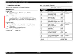Page 108EPSON Stylus Pro 4400/4450/4800/4880/4880CRevision CProduct Description Interface 1081.6.3  Optional InterfaceType-B interface (level 3, MIB, 1200mA type) is supported.REPLY MESSAGE†
Main-Type„
MT48p, PW170cl10cpi, PRG (A0xxxx) rev, AP800ma, 
SPD0fast , D4, GDI
NOTE:xxxx is F/W version.
In the case of Stylus Pro 4450/4880/4880C, (B0xxxx) is used 
instead of (A0xxxx).As for the main board of Stylus Pro 4450/4880/
4880C supplied as ASP, the firmware for 4-color is preintalled on 
it.
†
Product-Name:„...