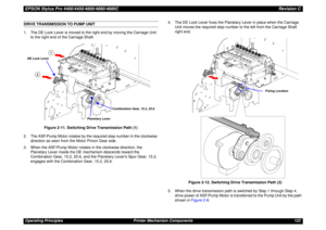 Page 122EPSON Stylus Pro 4400/4450/4800/4880/4880CRevision COperating Principles Printer Mechanism Components 122DRIVE TRANSMISSION TO PUMP UNIT
1. The DE Lock Lever is moved to the right end by moving the Carriage Unit 
to the right end of the Carriage Shaft.
Figure 2-11. Switching Drive Transmission Path (1)
2. The ASF/Pump Motor rotates by the required step number in the clockwise 
direction as seen from the Motor Pinion Gear side.
3. When the ASF/Pump Motor rotates in the clockwise direction, the 
Planetary...