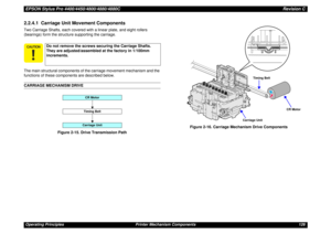 Page 126EPSON Stylus Pro 4400/4450/4800/4880/4880CRevision COperating Principles Printer Mechanism Components 1262.2.4.1  Carriage Unit Movement ComponentsTwo Carriage Shafts, each covered with a linear plate, and eight rollers 
(bearings) form the structure supporting the carriage.
The main structural components of the carriage movement mechanism and the 
functions of these components are described below.CARRIAGE MECHANISM DRIVE
Figure 2-15. Drive Transmission PathFigure 2-16. Carriage Mechanism Drive...