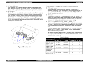 Page 133EPSON Stylus Pro 4400/4450/4800/4880/4880CRevision COperating Principles Printer Mechanism Components 133 †PF Motor (DC motor)
With drive from the PF Motor, the grid of the loop scale installed above 
both PF Rollers is read by the Encoder Sensor, and feedback control is 
based on the output pulse. This control maintains high printing precision.
†Suction Fans
Suction Fans are mounted in the center inside the printer. This is designed 
to provide smooth paper feeding (prevents floating) by pulling the...