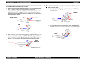 Page 138EPSON Stylus Pro 4400/4450/4800/4880/4880CRevision COperating Principles Printer Mechanism Components 138LIFTER MOVEMENT (RAISING THE HOPPER)
1. When a print command is received from the PC, the LD Roller which has 
been in standby condition first rotates to the paper feed side 
(counterclockwise) by the required step number and then rotates in the 
opposite direction from the paper feed side (clockwise) by the required 
step number to return any paper remaining between the LD Roller and the 
Separation...