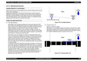 Page 146EPSON Stylus Pro 4400/4450/4800/4880/4880CRevision COperating Principles Printer Mechanism Components 1462.2.7.2  Operations/FunctionsSENSOR SENSITIVITY ADJUSTMENT
Before performing any function/adjustment, the sensor sensitivity level must be 
set for use as a standard.
Specifically, paper gets fed and the LED light emission quantity should be 
adjusted to 3V that refers to the difference of the sensor output voltages that 
have been received between over the paper and over the no paper position 
(over...