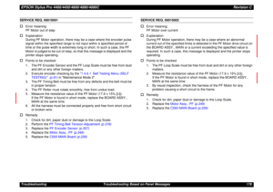 Page 178EPSON Stylus Pro 4400/4450/4800/4880/4880CRevision CTroubleshooting Troubleshooting Based on Panel Messages 178SERVICE REQ. 00010001†
Error meaning:
PF Motor out of step
†
Explanation
During PF Motor operation, there may be a case where the encoder pulse 
signal within the specified range is not input within a specified period of 
time or the pulse width is extremely long or short. In such a case, the PF 
Motor is judged to be out-of-step, so that this message is displayed and the 
printer stops...