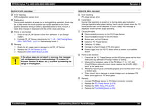 Page 182EPSON Stylus Pro 4400/4450/4800/4880/4880CRevision CTroubleshooting Troubleshooting Based on Panel Messages 182SERVICE REQ. 0001000A†
Error meaning:
CR home position sensor error
†
Explanation
During initial operation at power on or during printing operation, there may 
be a case where the home position can not be detected at the home 
position detection timing or within a specified period of time. In such a 
case, this message is displayed and the printer stops operating.
†
Points to be checked
1. Check...