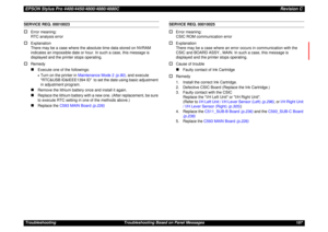 Page 187EPSON Stylus Pro 4400/4450/4800/4880/4880CRevision CTroubleshooting Troubleshooting Based on Panel Messages 187SERVICE REQ. 00010023†
Error meaning:
RTC analysis error
†
Explanation
There may be a case where the absolute time data stored on NVRAM 
indicates an impossible date or hour. In such a case, this message is 
displayed and the printer stops operating.
†
Remedy„
Execute one of the followings:•Turn on the printer in Maintenance Mode 2 (p.90), and execute 
RTC&USB ID&IEEE1394 ID”  to set the date...