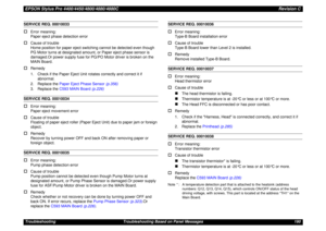 Page 190EPSON Stylus Pro 4400/4450/4800/4880/4880CRevision CTroubleshooting Troubleshooting Based on Panel Messages 190SERVICE REQ. 00010033†
Error meaning:
Paper eject phase detection error
†
Cause of trouble
Home position for paper eject switching cannot be detected even though 
PG Motor turns at designated amount, or Paper eject phase sensor is 
damaged.Or power supply fuse for PG/PO Motor driver is broken on the 
MAIN Board.
†
Remedy
1. Check if the Paper Eject Unit rotates correctly and correct it if...