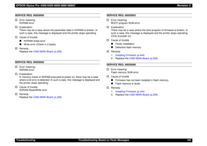 Page 192EPSON Stylus Pro 4400/4450/4800/4880/4880CRevision CTroubleshooting Troubleshooting Based on Panel Messages 192SERVICE REQ. 00020000†
Error meaning:
NVRAM error
†
Explanation
There may be a case where the parameter data in NVRAM is broken. In 
such a case, this message is displayed and the printer stops operating.
†
Cause of trouble„
NVRAM erase error
„
Write error (Check in 2 bytes)
†
Remedy
Replace the C593 MAIN Board (p.226)
SERVICE REQ. 00020002†
Error meaning:
SDRAM error
†
Explanation
In memory...