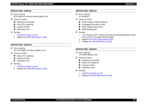 Page 194EPSON Stylus Pro 4400/4450/4800/4880/4880CRevision CTroubleshooting Troubleshooting Based on Panel Messages 194SERVICE REQ. 10000180†
Error meaning:
CPU reserve command code exception error
†
Cause of trouble„
Defective circuit board
„
Faulty CPU soldering
„
Program trouble
„
Generation error
†
Remedy
1.Installing Firmware (p.444)
2. Replace the C593 MAIN Board (p.226)
SERVICE REQ. 100001A0†
Error meaning:
CPU slot illegal command exception error
†
Cause of trouble„
Faulty CPU soldering
„
Program...