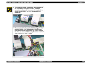 Page 229EPSON Stylus Pro 4400/4450/4800/4880/4880CRevision CDisassembly & Assembly Disassembly Procedures 229
„The connector number is marked on each connector on 
the board. When connecting the FFCs, match the 
connector numbers with the ones on the board with the 
number printed side of the FFCs facing toward the 
printer rear.
„The wires should be bundled with acetate tapes in three 
places as shown in the figure below to prevent them 
from getting onto the guide rail for the Type-B Board. If 
the wires are...