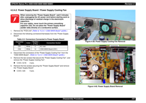Page 233EPSON Stylus Pro 4400/4450/4800/4880/4880CRevision CDisassembly & Assembly Disassembly Procedures 2334.2.4.2  Power Supply Board / Power Supply Cooling Fan1. Remove the PCB Unit.(Refer to 4.2.4.1 C593 MAIN Board (p226).)
2. Disconnect the following connectors/harnesses from the Power Supply 
Board.
3. Disconnect the connectors of the “Power Supply Cooling Fan” from the 
“C593 MAIN Board”. (Refer to 4.2.4.1 C593 MAIN Board (p226).)
4. Remove the two screws that secure the Power Supply Cooling Fan, and...