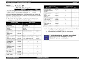 Page 242EPSON Stylus Pro 4400/4450/4800/4880/4880CRevision CDisassembly & Assembly Disassembly Procedures 2424.2.5.1  Printer Mechanism (SP)This section describes replacement of “Printer Mechanism (SP)”. Follow the 
explanation of reference place about each parts removal/installation procedure 
and remedy after replacement.
1. Remove the following parts from the old printer, and attach the parts 
except consurmables to “Printer Mechanism (SP)“.
Note *1 : A Board Box includes all the parts attached to the box...