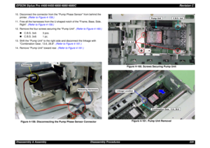 Page 320EPSON Stylus Pro 4400/4450/4800/4880/4880CRevision CDisassembly & Assembly Disassembly Procedures 320 10. Disconnect the connector from the Pump Phase Sensor from behind the 
printer. (Refer to Figure 4-159.)
11. Free all the harnesses from the U-shaped notch of the Frame, Base, Side, 
Right. (Refer to Figure 4-159.)
12. Remove the four screws securing the Pump Unit. (Refer to Figure 4-160.)
„C.B.S. 3x6: 3 pcs.
„C.B.S. 3x8: 1 pc.
13. Shift the Pump Unit to the right side and disconnect the linkage with...