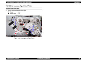 Page 360EPSON Stylus Pro 4400/4450/4800/4880/4880CRevision CDisassembly & Assembly Disassembly Procedures 3604.2.10.2  Harnesses on Right Side of PrinterRouting on the right frame
†Should be secured with the parts below.
„Clamp: 4 pcs.
„Acetate tape: 6 pcs.
Figure 4-228. Routing on the Right Frame
Acetate tapes
Acetate tapes
Clamps 