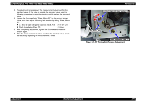 Page 379EPSON Stylus Pro 4400/4450/4800/4880/4880CRevision CAdjustment Mechanical Adjustment 3794. No adjustment is necessary if the measurement value is within the 
standard value. If the value is outside the standard value, use the 
following procedure to adjust the tension until it reaches the standard 
value.
5. Loosen the 2 screws fixing Plate, Motor PF by the amount shown 
below, and then adjust the timing belt tension by sliding Plate, Motor 
PF.
z
(+) Bind S-tight with plane washers 2 3x8, F/Zn : 1/4~2/4...