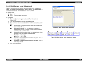 Page 389EPSON Stylus Pro 4400/4450/4800/4880/4880CRevision CAdjustment Basic Adjustment 3895.3.3  Multi Sensor Level AdjustmentPaper is fed into the printer, the Multi Sensor emits light onto the paper and 
platen, the reflected light is received by the Multi Sensor, and detection level is 
corrected automatically. Then the detection result is printed.†
Paper Used„
Size: 17
„
Type:  Enhanced Matte Roll Paper
†
Procedure
1. Start the adjustment program and select [Multi Sensor Level 
Adjustment].
2. Click the...