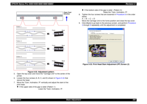 Page 395EPSON Stylus Pro 4400/4450/4800/4880/4880CRevision CAdjustment Basic Adjustment 395Figure 5-32. Adjustment pattern
5. Open the top cover and move the Carriage Unit to the center of the 
printer.
6. Loosen the four screws (A, B, C, and D) shown in Figure 5-34 that 
secure the head.
7. Move the Cam, Inclination, R vertically and adjust the slant of the 
print head.
z
If the upper side of the gap is wider (Pattern 1):
Lower the Cam, Inclination, R.
z
If the bottom side of the gap is wider  (Pattern 3):...