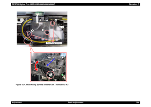 Page 396EPSON Stylus Pro 4400/4450/4800/4880/4880CRevision CAdjustment Basic Adjustment 396Figure 5-34. Head Fixing Screws and the Cam , Inclination, R.3
D
Cam, Inclination,R
A
B
C
Head Fixing Screws 