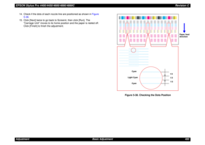 Page 400EPSON Stylus Pro 4400/4450/4800/4880/4880CRevision CAdjustment Basic Adjustment 40014. Check if the dots of each nozzle line are positioned as shown in Figure 
5-38.
15. Click [Next] twice to go back to Screen4, then click [Run]. The 
Carriage Unit moves to its home position and the paper is reeled off. 
Click [Finish] to finish the adjustment.
Figure 5-38. Checking the Dots Position
Cyan
Light Cyan
Cyan1/3
1/3 1/3Paper feed 
direction 