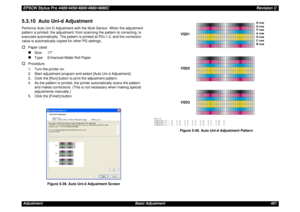 Page 401EPSON Stylus Pro 4400/4450/4800/4880/4880CRevision CAdjustment Basic Adjustment 4015.3.10  Auto Uni-d AdjustmentPerforms Auto Uni-D Adjustment with the Multi Sensor. When the adjustment 
pattern is printed, the adjustment; from scanning the pattern to correcting, is 
executed automatically. The pattern is printed at PG=1.2, and the correction 
value is automatically copied for other PG settings.†
Paper Used„
Size: 17
„
Type:  Enhanced Matte Roll Paper
†
Procedure
1. Turn the printer on.
2. Start...