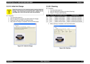 Page 412EPSON Stylus Pro 4400/4450/4800/4880/4880CRevision CAdjustment Basic Adjustment 4125.3.19  Initial Ink Charge†
Procedure
1. Turn the printer power on.
2. Start the adjustment program and select [Initial Ink Charge].
3. Press the F5 key and Initial Ink Charge will start.
4. After Initial Ink Charge is completed, click the [Finish] button.
Figure 5-57. Initial Ink Charge
5.3.20  Cleaning†
Procedure
1. Turn the printer power on.
2. Start the adjustment program and select [Cleaning].
3. Press F1~F4 key to...