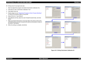 Page 429EPSON Stylus Pro 4400/4450/4800/4880/4880CRevision CAdjustment Basic Adjustment 429†
Writing Color ID (at repair work site)
1. Start the adjustment program and select [Colorimetric Calibration ID].
2. Click [Run] to start “Colorimetric Calibration Tool”.
3. Click [Write Color ID].
4. Perform Step 5 to 6 of Adjustment Procedure (Entire Process Workflow) 
to check the connection status to the printer.
5. Select [File] from “Input Method”.
6. Click [Specify the file], select the color ID data file (dat...