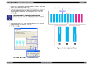 Page 433EPSON Stylus Pro 4400/4450/4800/4880/4880CRevision CAdjustment Advanced Adjustment 4339. Click [Print] to print the color adjustment patterns consist of three rows 
(VSD1, VSD2, and VSD3 mode). ( )
10. Examine the printout patterns (except MK colored patterns) for each of 
the three modes, and select the value for the group of most closely 
aligned blocks for each mode. Input the selected value in the edit 
boxes. ( )
11. After clicking [Write] ( ), make sure that the writing to the printer is 
finished...