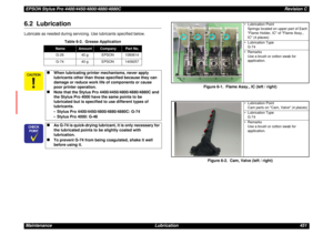 Page 451EPSON Stylus Pro 4400/4450/4800/4880/4880CRevision C
Maintenance Lubrication 4516.2  LubricationLubricate as needed during servicing. Use lubricants specified below.
Figure 6-1. Flame Assy., IC (left / right)
Figure 6-2. Cam, Valve (left / right) Table 6-2. Grease Application
Name
Amount
Company
Part No.
G-26 40 g EPSON 1080614
G-74 40 g EPSON 1409257

„
When lubricating printer mechanisms, never apply 
lubricants other than those specified because they can 
damage or reduce work life of...