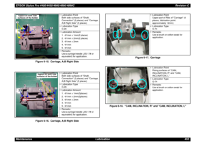 Page 455EPSON Stylus Pro 4400/4450/4800/4880/4880CRevision C
Maintenance Lubrication 455
Figure 6-15. Carriage, A;B Right Side
Figure 6-16. Carriage, A;B Right SideFigure 6-17. Carriage
Figure 6-18. CAM, INCLINATION, R and CAM, INCLINATION, L
• Lubrication Point
Both side surfaces of Shaft, 
Connection (2 places) and Carriage, 
A;B Right Side (5 places)
• Lubrication Type
G-26
• Lubrication Amount
1.Φ1mm x 1mm(2 places)
2.Φ1mm x 2mm(2 places)
3.Φ1mm x 2mm 
4.Φ1mm
5.Φ1mm
•Remarks
Use a syringe/needle (JIS 17# or...