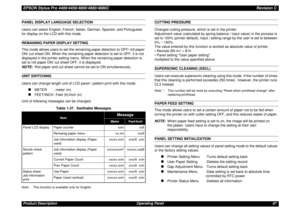 Page 87EPSON Stylus Pro 4400/4450/4800/4880/4880CRevision CProduct Description Operating Panel 87PANEL DISPLAY LANGUAGE SELECTION
Users can select English, French, Italian, German, Spanish, and Portuguese 
for display on the LCD with this mode.REMAINING PAPER DISPLAY SETTING
This mode allows users to set the remaining paper detection to OFF/ roll paper 
ON/ cut sheet ON. When the remaining paper detection is set to OFF, it is not 
displayed in the printer setting menu. When the remaining paper detection is 
set...