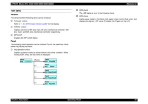 Page 95EPSON Stylus Pro 4400/4450/4800/4880/4880CRevision CProduct Description Operating Panel 95TEST MENUVersionThe versions of the following items can be checked.†
Firmware version
Refer to “1.4.4.23 Firmware Version (p.66)” for the display.
†
NVRAM version
Displays versions of 8K area main, 8K area mechanical controller, 32K 
area main, and 32K area mechanical controller respectively.
†
DIP switch
Displays the DIP switch status.
PanelThe following panel operation can be checked.To exit the panel key check,...