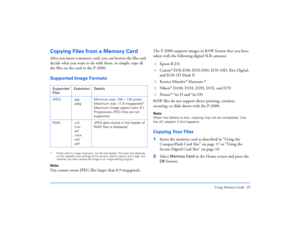 Page 19Using Memory Cards 19
Copying Files from a Memory CardAfter you insert a memory card, you can browse the files and 
decide what you want to do with them, or simply copy all 
the files on the card to the P-2000.Supported Image Formats * Pixels refer to image resolution, not file size (bytes). The pixel size depends 
on the capability and settings of the camera used to capture the image, and 
whether you have resized the image in an image-editing program.Note: You cannot rotate JPEG files larger than 8.9...