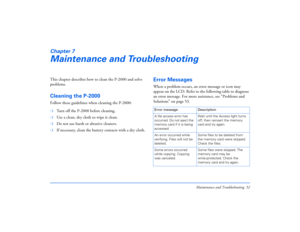 Page 52Maintenance and Troubleshooting 52
Chapter 7Maintenance and TroubleshootingThis chapter describes how to clean the P-2000 and solve 
problems.Cleaning the P-2000Follow these guidelines when cleaning the P-2000:❍
Turn off the P-2000 before cleaning.
❍
Use a clean, dry cloth to wipe it clean.
❍
Do not use harsh or abrasive cleaners.
❍
If necessary, clean the battery contacts with a dry cloth.
Error MessagesWhen a problem occurs, an error message or icon may 
appear on the LCD. Refer to the following table...