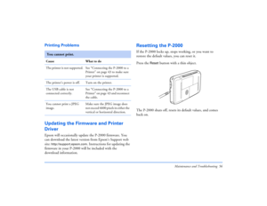 Page 56Maintenance and Troubleshooting 56
Printing Problems Updating the Firmware and Printer 
DriverEpson will occasionally update the P-2000 firmware. You 
can download the latest version from Epson’s Support web 
site: 
http://support.epson.com
. Instructions for updating the 
firmware in your P-2000 will be included with the 
download information. 
Resetting the P-2000If the P-2000 locks up, stops working, or you want to 
restore the default values, you can reset it. 
Press the 
Reset
 button with a thin...