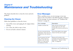 Page 63Maintenance and Troubleshooting 63
Chapter 8
Maintenance and Troubleshooting
This chapter describes how to clean the viewer and solve 
problems.
Cleaning the Viewer
Follow these guidelines to clean the viewer:
❍Turn off the viewer and unplug the AC adapter before 
cleaning.
❍Use a clean, dry cloth to wipe it clean.
❍Do not use harsh or abrasive cleaners.
Error Messages
When a problem occurs, an error message or icon may 
appear on the LCD. Refer to the following table to diagnose 
an error message. For...