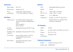 Page 78Notices and Specifications 78
Electrical
InterfaceBattery
AC Adapter 
Optional Accessory
Input voltage: DC 5.0 V
Rated current: Maximum 2.3 A
Power 
consumption:6.3 W (when using the battery)
7.9 W (when using the AC adapter)
USB connector: Two USB 2.0 (Mass Storage Class) 
interfaces Full Speed and High Speed 
mode 
Host: Standard A
Device: Mini-B
A/V Out 
connector:Quadrupole mini pin jack (Ø 3.5 mm)
Headphone Out 
connector:Quadrupole mini pin jack (Ø 3.5 mm)
CF Card slot: One slot (Type 1/Type 2,...