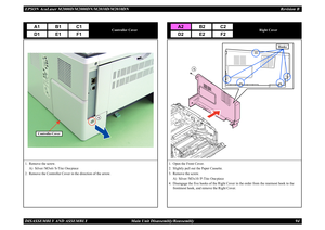 Page 103EPSON AcuLaser M2000D/M2000DN/M2010D/M2010DN Revision BDISASSEMBLY AND ASSEMBLY      Main Unit Disassembly/Reassembly 94
Controller Cover
1. Remove the screw.
A) Silver / M3x6 / S-Tite: One piece
2. Remove the Controller Cover in the direction of the arrow.
A1
B1
D1
E1
C1F1
A
Controller Cover
Right Cover
1. Open the Front Cover.2. Slightly pull out the Paper Cassette.3. Remove the screw.
A) Silver / M3x10 / P-Tite: One piece
4. Disengage the five hooks of the Right Cover in the order from the rearmost...